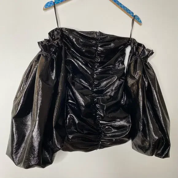 ROTATE BIRGER CHRISTENSEN Black Phoebe Vinyl Off Shoulder Mini Dress - Picture 3 of 10